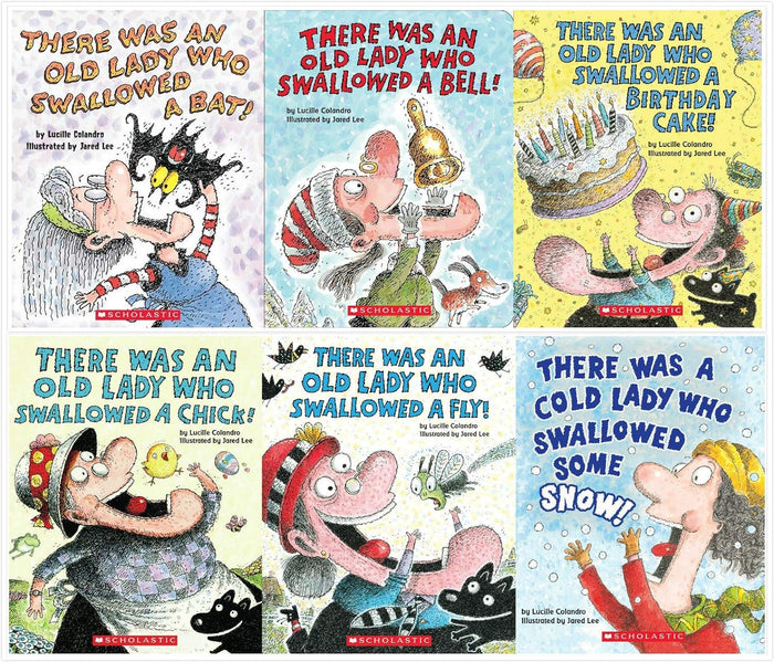 There Was an Old Lady Who Swallowed' Board Books Set (6 Board Books) - Swallowed a Birthday Cake, Bat, Bell, Some Snow, Fly, Chick