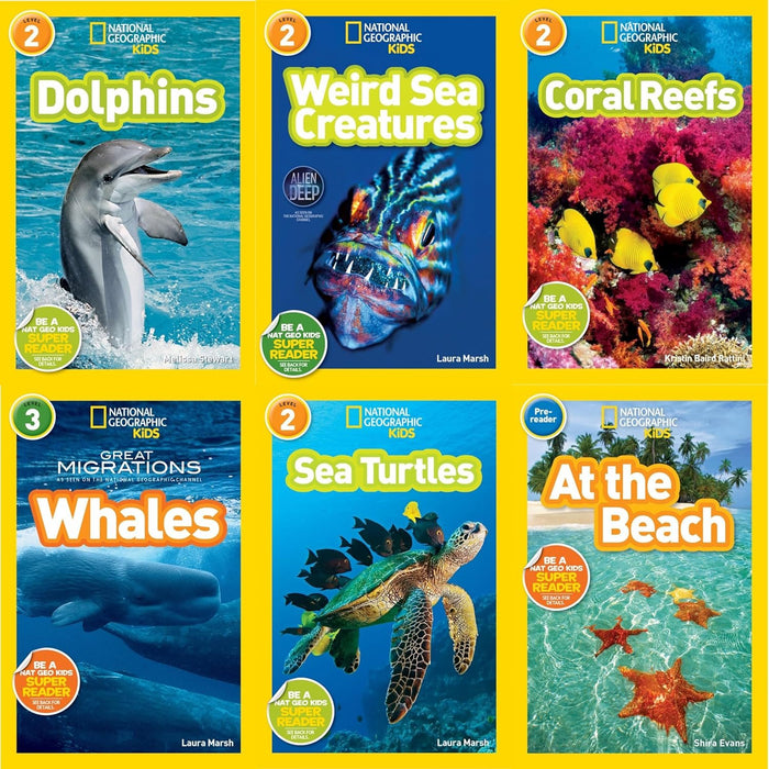 National Geographic Kids Ocean Life Six Book Set : Weird Sea Creatures, Dolphins,Coral Reefs, At the Beach, Sea Turtles, Great Migrations: Whales