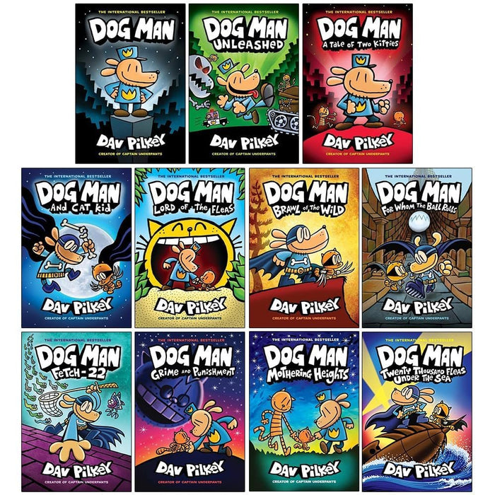 Dav Pilkey Dog Man Series (1-11) Books Collection Set (Dog Man, Unleashed, Tale Of Two Kitties, Dog Man and Cat Kid, Lord of The Fleas, Brawl of The Wild, For Whom The Ball Rolls, Fetch-22 & More)