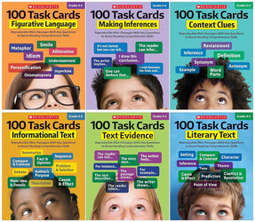 NEW SET! Scholastic 100 Task Cards Complete Workbooks Set for Grade 4-6 (6 Books) - Figurative Language, Making Inferences, Context Clues, Informational Text, Text Evidence, Literary Text