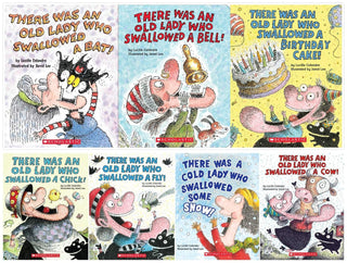 NEW COLLECTION! 'There Was an Old Lady Who Swallowed' Books Set (7 Board Books) - Swallowed a Birthday Cake, Bat, Bell, Some Snow, Fly, Chick, Cow