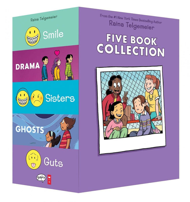 Raina Telgemeier Collection 5 Books Set (Sisters, Drama, Smile, Ghosts, Guts)