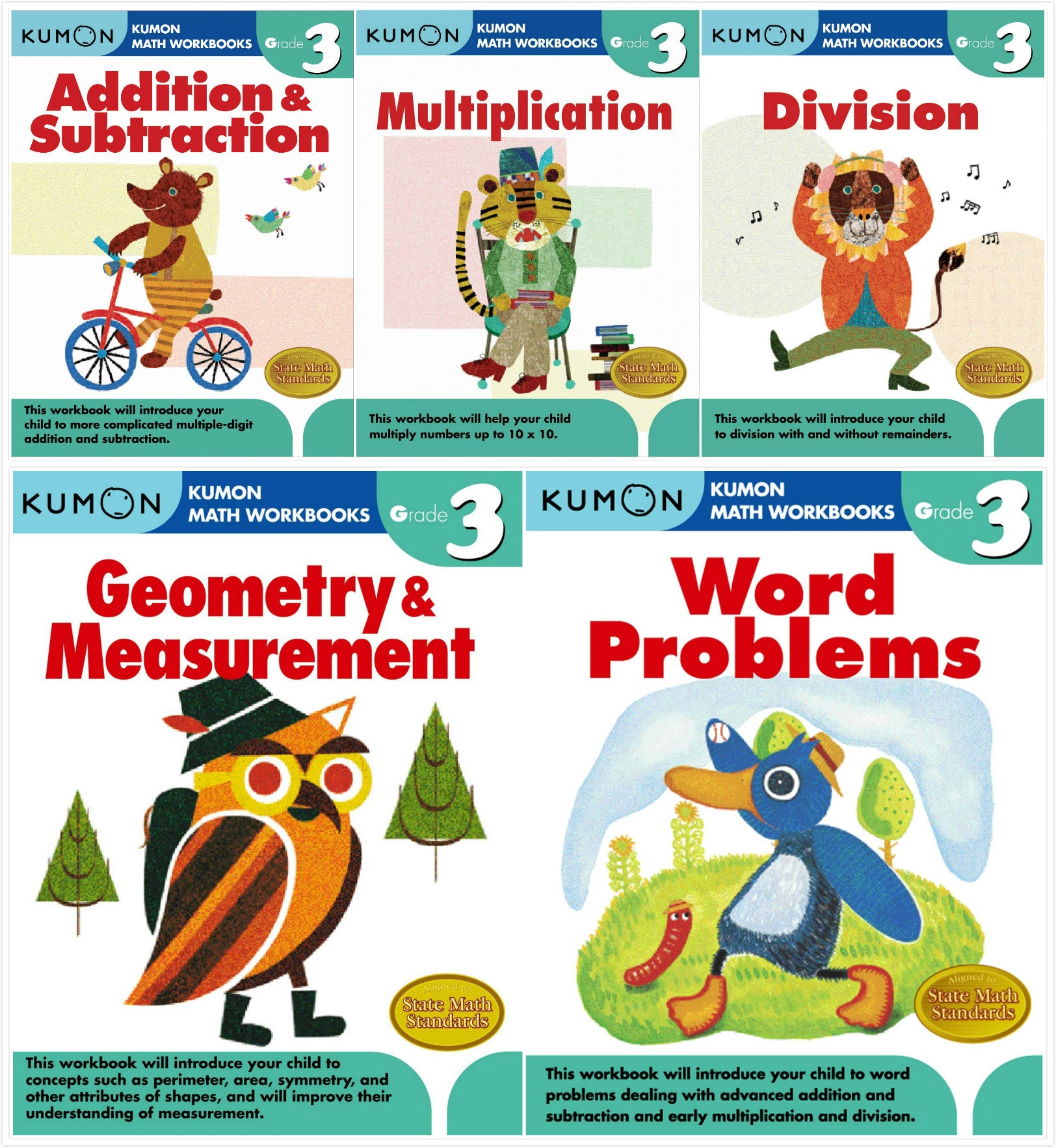 Kumon Math Workbooks Grade 3 Set (5 Books) - Addition & Subtraction, Multiplication, Division, Geometry & Measurement and Word Problem