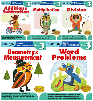Kumon Math Workbooks Grade 3 Set (5 Books) - Addition & Subtraction, Multiplication, Division, Geometry & Measurement and Word Problem