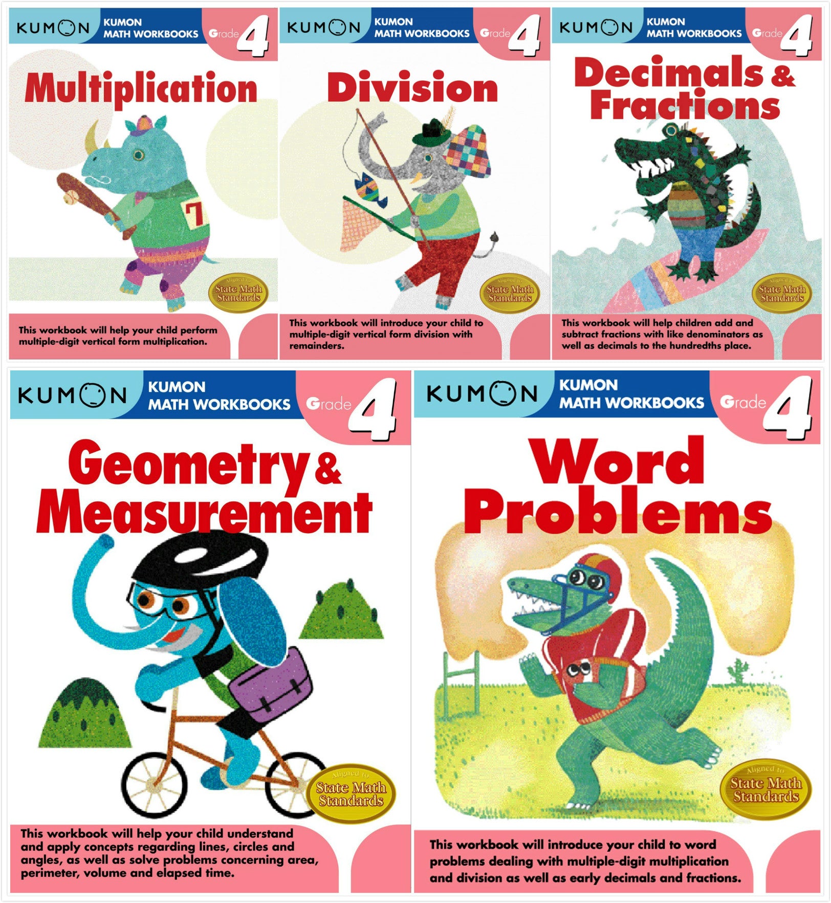 Kumon Math Workbooks Grade 4 Set (5 books) - Decimals & Fractions, Multiplication, Division, Geometry & Measurement and Word Problem