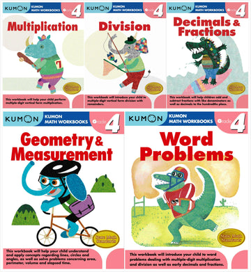 Kumon Math Workbooks Grade 4 Set (5 books) - Decimals & Fractions, Multiplication, Division, Geometry & Measurement and Word Problem