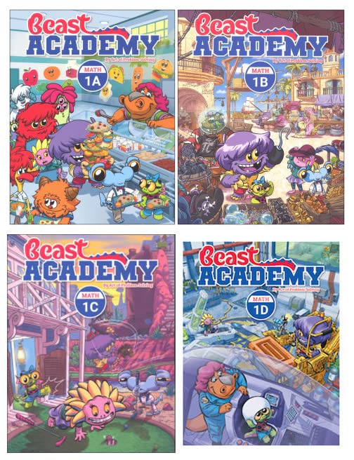 Art of Problem Solving: Beast Academy Grade 1 Math Guide and Practice (Combined Volume) Complete 4 Books Set - Math 1A, Math 1B, Math 1C, Math 1D