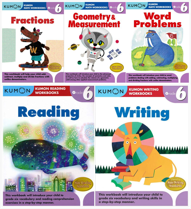 Kumon Workbooks Grade 6 Complete Set (5 Books) - Fractions, Geometry&Measurement, Word Problems, Reading, Writing