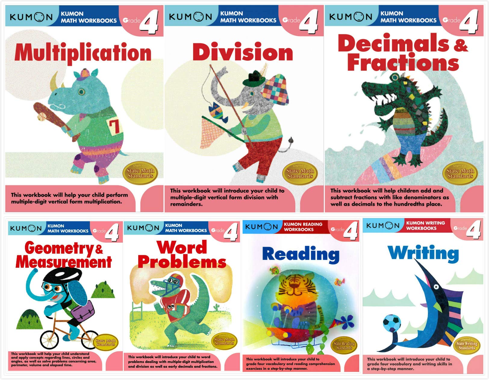 Kumon Grade 4 Complete Set (7 Workbooks) - Multiplication, Division, Decimals&Fractions, Geometry&Measurement, Word Problems, Reading, Writing
