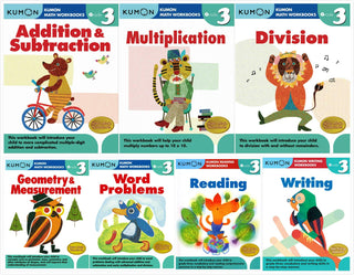 Kumon Grade 3 Complete Set (7 Workbooks) - Addition&Subtraction, Multiplication, Division, Geometry&Measurement, Word Problems, Reading, Writing