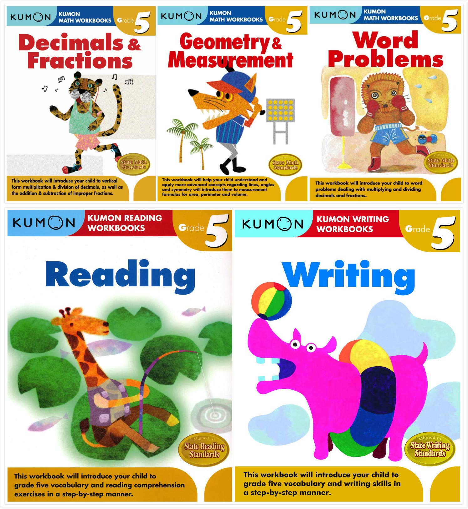 Kumon Workbooks Grade 5 Complete Set (5 Books) - Decimals&Fractions, Geometry&Measurement, Word Problems, Reading and Writing