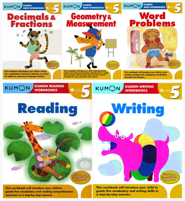 Kumon Workbooks Grade 5 Complete Set (5 Books) - Decimals&Fractions, Geometry&Measurement, Word Problems, Reading and Writing